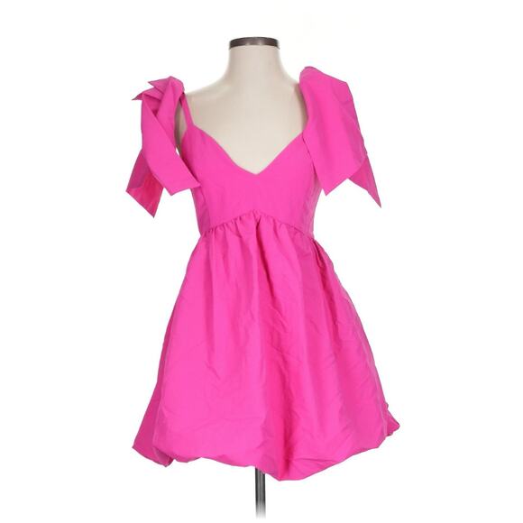 Forever 21 Plunging Bow Babydoll Dress in Hot Pink Bubble Barbie Small - Picture 3 of 5